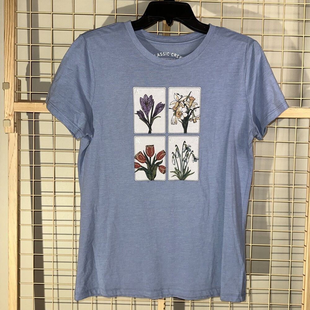Aeropostale T-shirt women’s XL light blue classic crew card deck flowers graphic